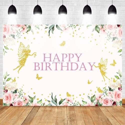 MOCSICKAGolden Wings Girl Birthday Photo Background Dancer Pink Flowers Birthday Cake Table Decor Backdrop Gold Butterfly Point