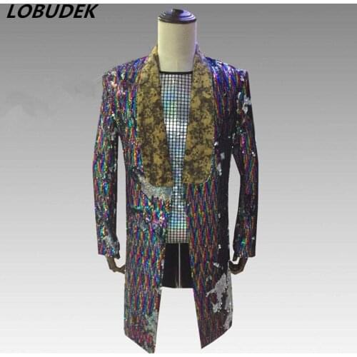 Men Reflector Sequins Long Blazers Coat Fashion Slim Outerwear Nightclub Male Singer Rock Costume Bar Party Compere Show Costume