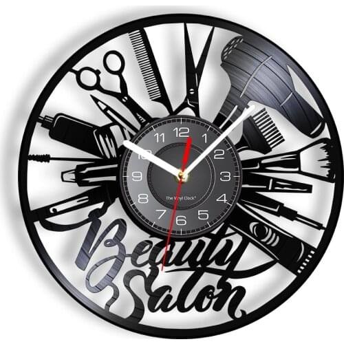 Beauty Salon Laser Cut Longplay Wall Clock Salon Tools Carved Vinyl Record Artwork Gifts For Hairstylist Beautician Salon Shop