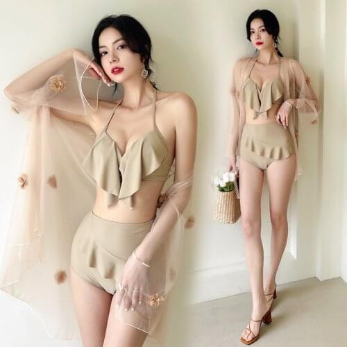 2021 New Korean Split Bathing Suit High Saist Women 3 Piece Bikini Set with Cover Up Sexy Push-Up Beach Hot Spring Swimsuit