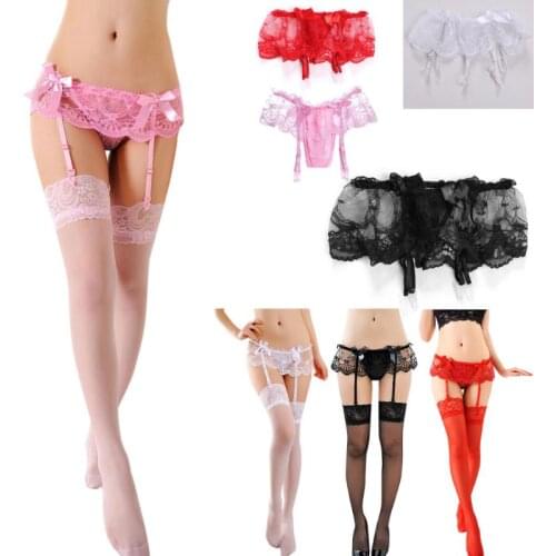 2021 New Womens Sexy Lace Suspender G-String Garter Belt Stockings Set Lingerie Bowknot