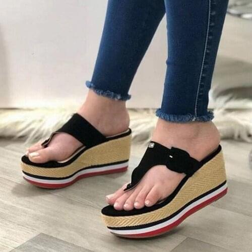 New Women Flip Flops Summer Plus Size Slippers Wedges PU Ladies Striped Slippers Casual Thick Bottom Ladies Sandals