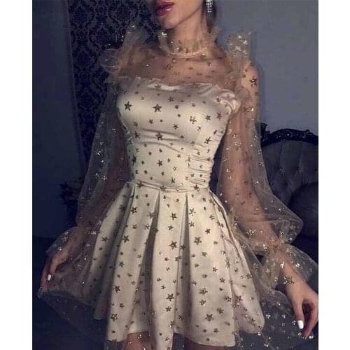Sexy Evening Party Dress ​Short 2021 Tulle Long Sleeves Glitter Star Princess Homecoming Dress Elegant Plus Size robes de soiré