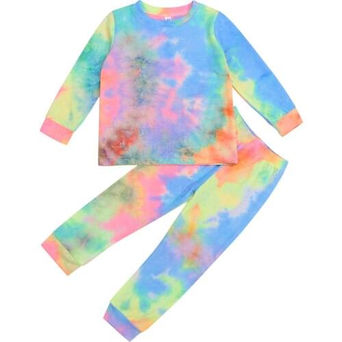 2021 1-7Y Toddler Girl Pajama Set Spring Autumn Tie Dye Print Long Sleeve Top+Pants Casual Sleepwear 2pcs Home Outfits
