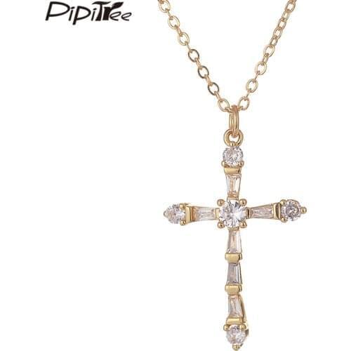 Pipitree Bling Princess Cut AAA CZ Zircon Cross Pendant for Women Men Copper Link Chain Gold Color Necklaces Hip Hop Jewelry
