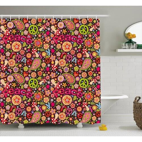 70s Party Decorations Shower Curtain Groovy Peace and Love Composition Mushrooms Flowers Joyful Vivid Waterproof Bath Curtains