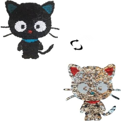 ShinEquin Lovely Cat flip the double sided Patches for clothing Diy Reversible change color sequins Patch T-shirt Stickers