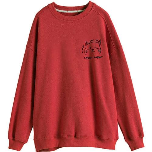 Wine Red Embroidery Kawaii Cat Harajuku Sweatshirt Women Autumn Winter Thick Hoodies Loose Korean Fashion Pullover Tops