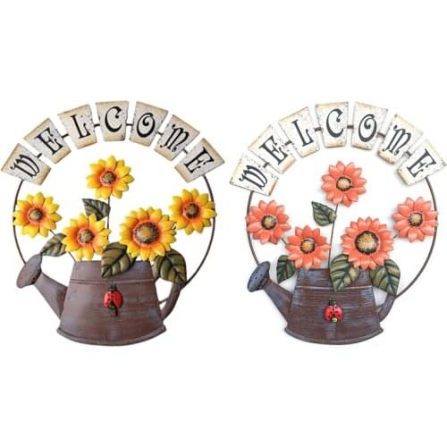 Vintage Iron Hang Sunflower Welcomeing Sign Garden Door Hanging Home Decor H58C