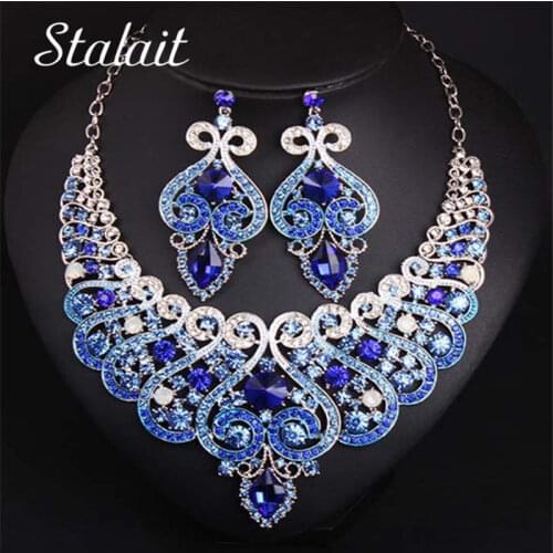 Vintage Rhinestone Bridal Necklace Jewelry Charm Heart Necklace&Earrings Wedding Jewelry Set For Bride Women Crystal Jewelry