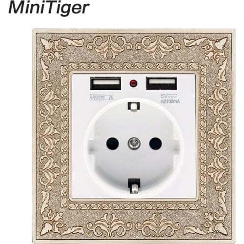Minitiger Zinc Alloy High End Retro Panel 16A White EU Standard Power Wall Socket With Dual USB Charging Port Embossed Panel
