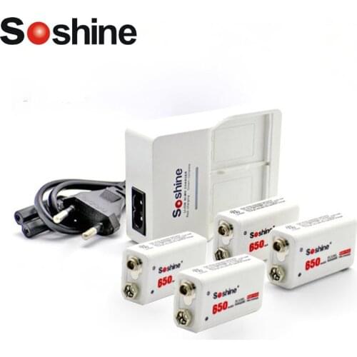 Soshine 9V Charger with 2 / 4 / 6 / 8 pcs Professional 650 mah 9v battery li-ion rechargeable battery EU or US plug