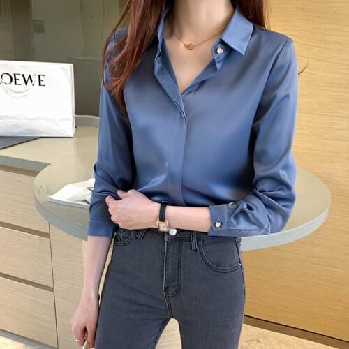 Satin Blouses For Spring 2021 Elegant Chiffon Shirts Women Blouses Office Lady Long Sleeve Blue Shirt Ladies Tops