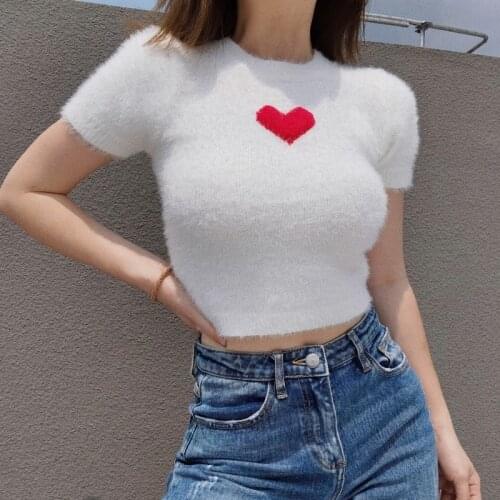TVVOVVIN American Age Womens Reducing Love Short Hairy Knitted Short Sleeve T-shirt Round Neck Slim Bottom Vbh9