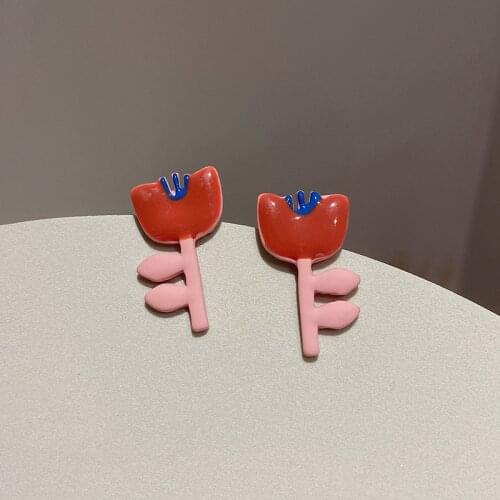 Origin Summer French Fashion Red Flower Dangle earrings for Women Girls Statement Statement Leaf Necklace Pendientes Jewelry