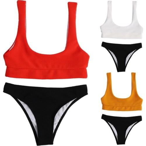 Women Sexy 2 Piece Bikini Set Solid Color Scoop Neck Push Up Padded Tube Top Swimsuit Low Waist Triangle Thong Bathing Suit