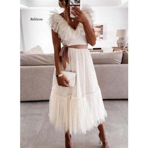 Women Vintage Long Dress Floral V-Neck Polka Dots Mesh Sleeveless Ruffles Belt Pleated Dress Elegant Sexy Chic Dress