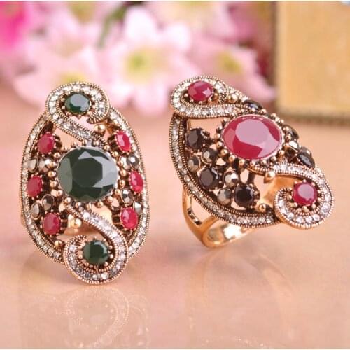 Blucome New Turkey Large Size Vintage Red Flower Wide Big Ring Mothers Gifts Womens Party Accessories Turkish Jewelry Bijoux