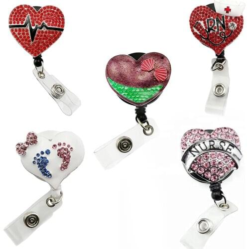 10PCS/Lot free mix style shipping heart shape Decorative Medical rhinestone Retractable ID Badge Holder For Nurse