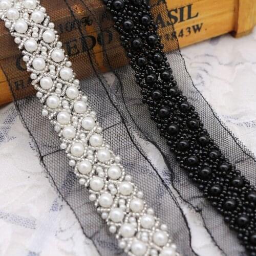 12Yards Handmade White Black Beads Lace Rhinestone Mesh Ribbon Applique Sewing Accessories Crafts For Clothes Wedding Dress