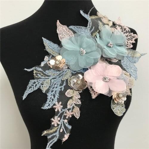 2 Pcs/lot 3D Lace Flower Sewing Sequin Mesh Embroidered Lace Applique Accessories For DIY T-shirt Jeans Pants Dress