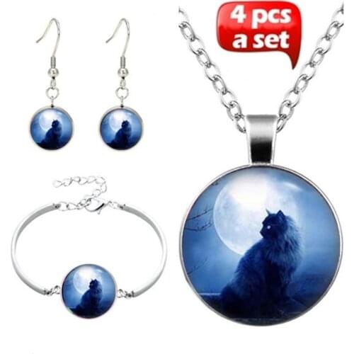 4Pcs/Set New Handmade Glass Creativity Moon and Cat Pendant Choker Necklace Bracelet Earrings For Fashion Women Accessories