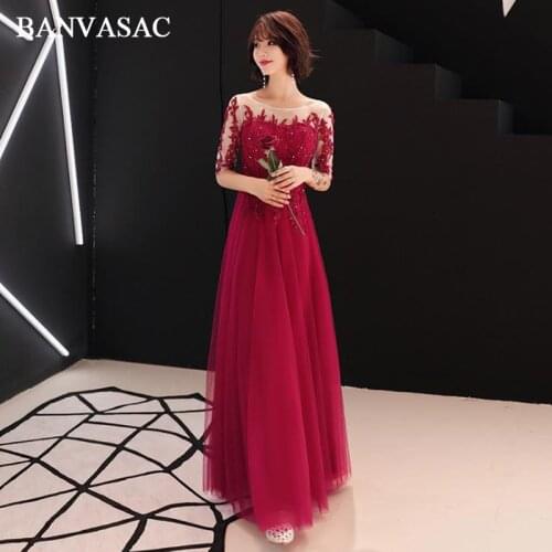 BANVASAC Illusion Crystal O Neck Lace Appliques A Line Long Evening Dresses Party Half Sleeve Backless Prom Gowns