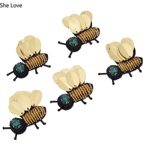 Chzimade 5pcs Bees Sequins Rhinestone Beaded Patch for Clothing Sewing on Beading Applique Clothes Shoes Bags Decoration