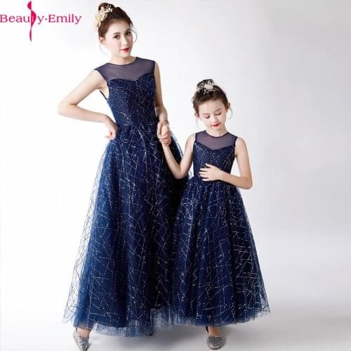 Elegant Deep Blue Evening Dresses 2020 Beauty Emily A-Line O-Neck Sleeveless Sequined Cheap Tulle Formal Party Dresses