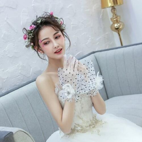 Short Wedding Gloves For Bride White Black Dot Tulle Transparent Bridal Gloves Women Party Prom Dresses Mesh Gloves