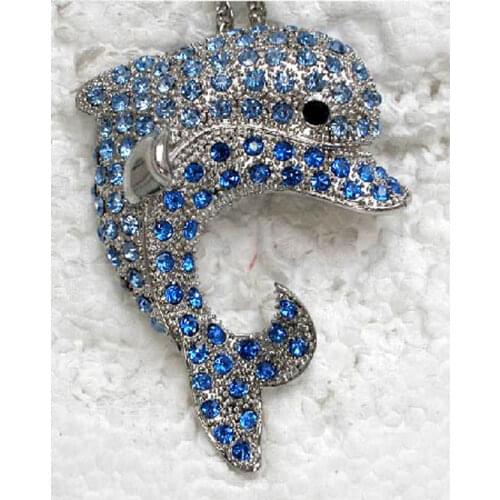 Blue Rhinestone Porpoise Fashion Pendant Necklaces Chain Jewelry F083 B