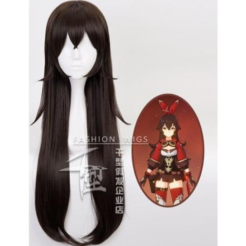 80cm Game Genshin Impact Project Amber Wig Cosplay Wigs Playing Powder Dark Brown Hair Halloween 1:1 Wigs