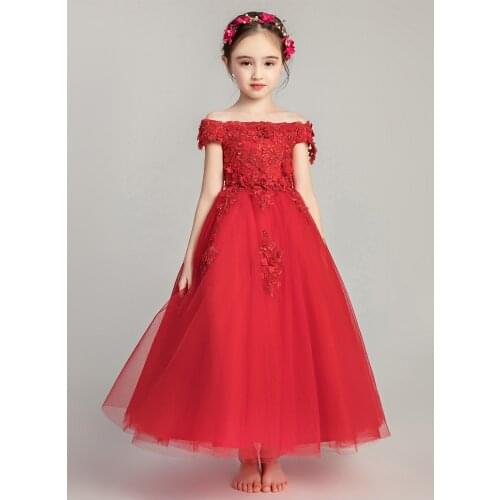 Off Shoulder Embroidery Flower Princess Girl Dress Wedding Birthday Party Dresses Toddler Girls Pageant Costume Communion Gown