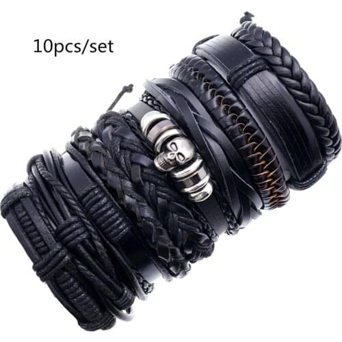 Skull Black Bracelets 10pcs/set Wrap Woven Handmade Men Bracelets Women Leather Bracelet Men Bangle Wholesale Jewelry Gift