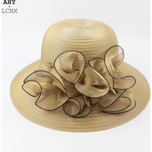 New Elegant Summer Women Hat Wide Brim Organza Flower Sun Hats For Women Ladies Panama Kentucky Derby Party Floppy Hats