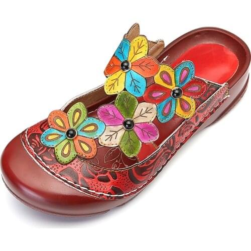 Genuine Leather Slippers Women Shoes Vintage Breathable Comfortable Bohemian Handmade Flower Slide Slippers Flat with 3CM