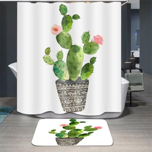 Thickened Shower Curtain Cactus Pattern Polyester Waterproof and Mould Proof Bathroom Shower Curtain With Hooks