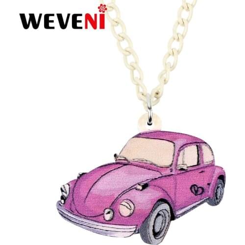 WEVENI Acrylic Pink Classical Cartoon Car Necklace Pendant Chain Collar Fashion Jewelry For Women Girls Teens Birthday Gift