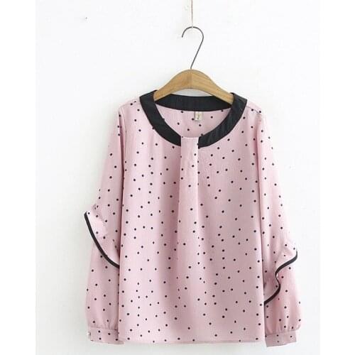 Plus Size Female Chiffon Blouse XL-4XL Polka Dot Printed Tops Womens Officewear Ruffled Long Sleeve Top