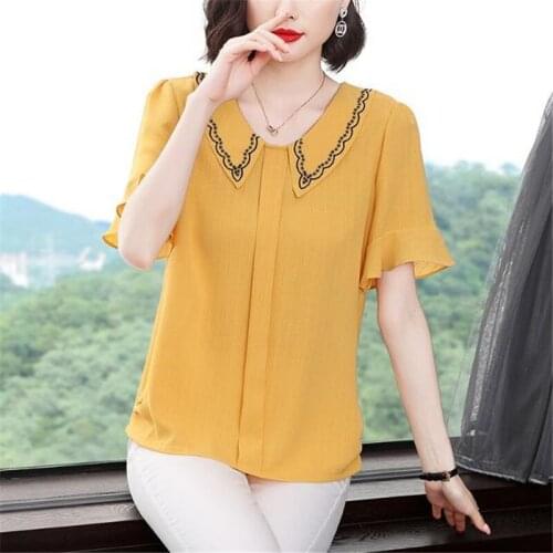 Women Yellow Chiffon Shirts Woemn Elegant Short Sleeve Temperament Blouses Casual Loose Ladies Blusas Tops MM1073