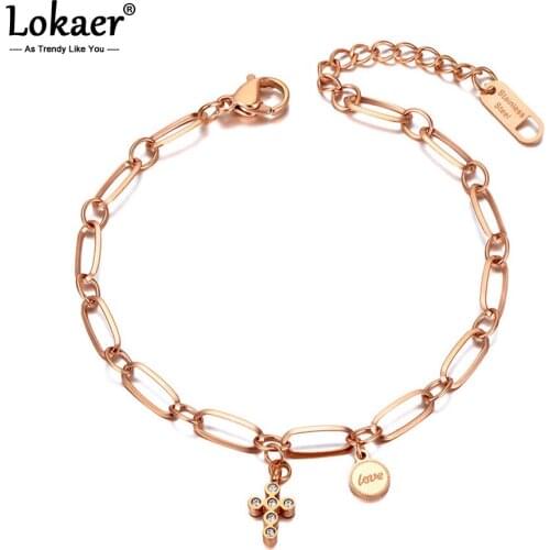 Lokaer Fashion Titanium Stainless Steel Cross And Love Tag Charm Bracelets For Women Bohemia CZ Crystal Party Bracelet B20164