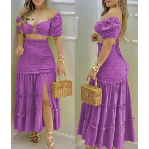 Sexy Dress Women Yellow Two Piece Set Square Collar Short Sleeve High Waist Split Fork Slim Dress
