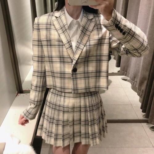 2021 Spring New Fashion Women Long Sleeve Plaid Striped Short Blazer+Mini Pleated Skirt 2 Piece Set Casual Office Suit Outfit