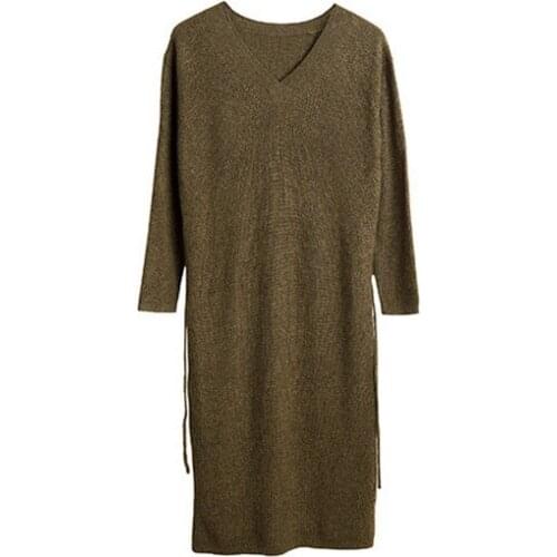 100%hand made wool cashmere blend knit women brief lace up Vneck long pullover sweater solid color M-L