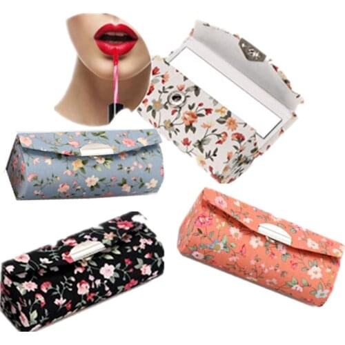 Women Makeup Storage Box Lipstick Box with Mirror Flower Printing Single Lipstick Storage Case Cosmetic Bags
