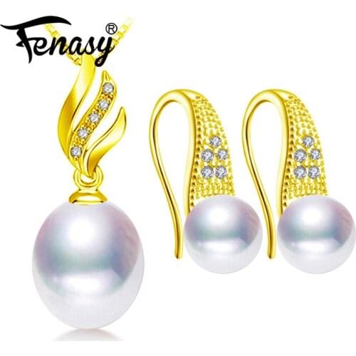 FENASY Natural Pearl Jewelry Sets 925 Sterling Silver Pendant Necklace For Women Drop Pearl Earrings Gold Color Fine Jewelry
