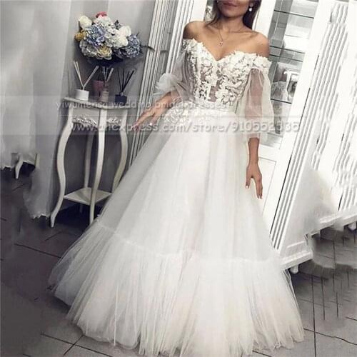 Silver Satin Ivory Tulle Beach Wedding Dresses 2021 Robe De Mariee Lace Appliques Long Sleeves Simple Off Shoulder Bridal Gown