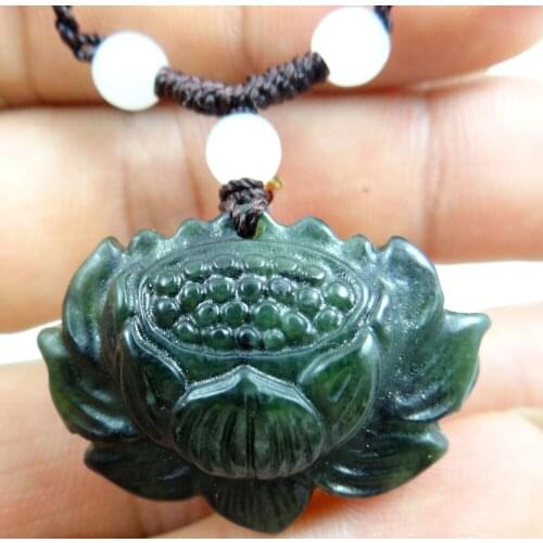 24*33MM Wholesale natural Chinese black green stone stone hand-carved statue of lotus amulet pendant necklace