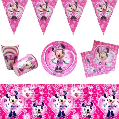 34pcs Minnie Mouse Party Disposable Party Supplies Decoration Cups Plate Pennant Tablecloth Combination for 8 People