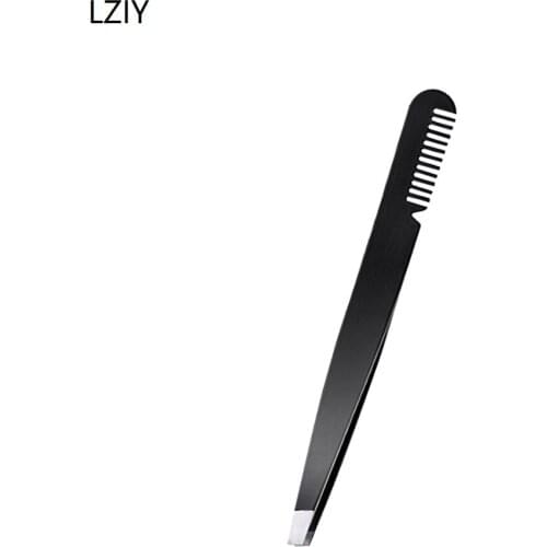 LIZY Stainless Steel Black Eyebrow Tweezer Hair Beauty Slanted Puller Eyebrow Clips With Comb Eyebrow Trimming Tools